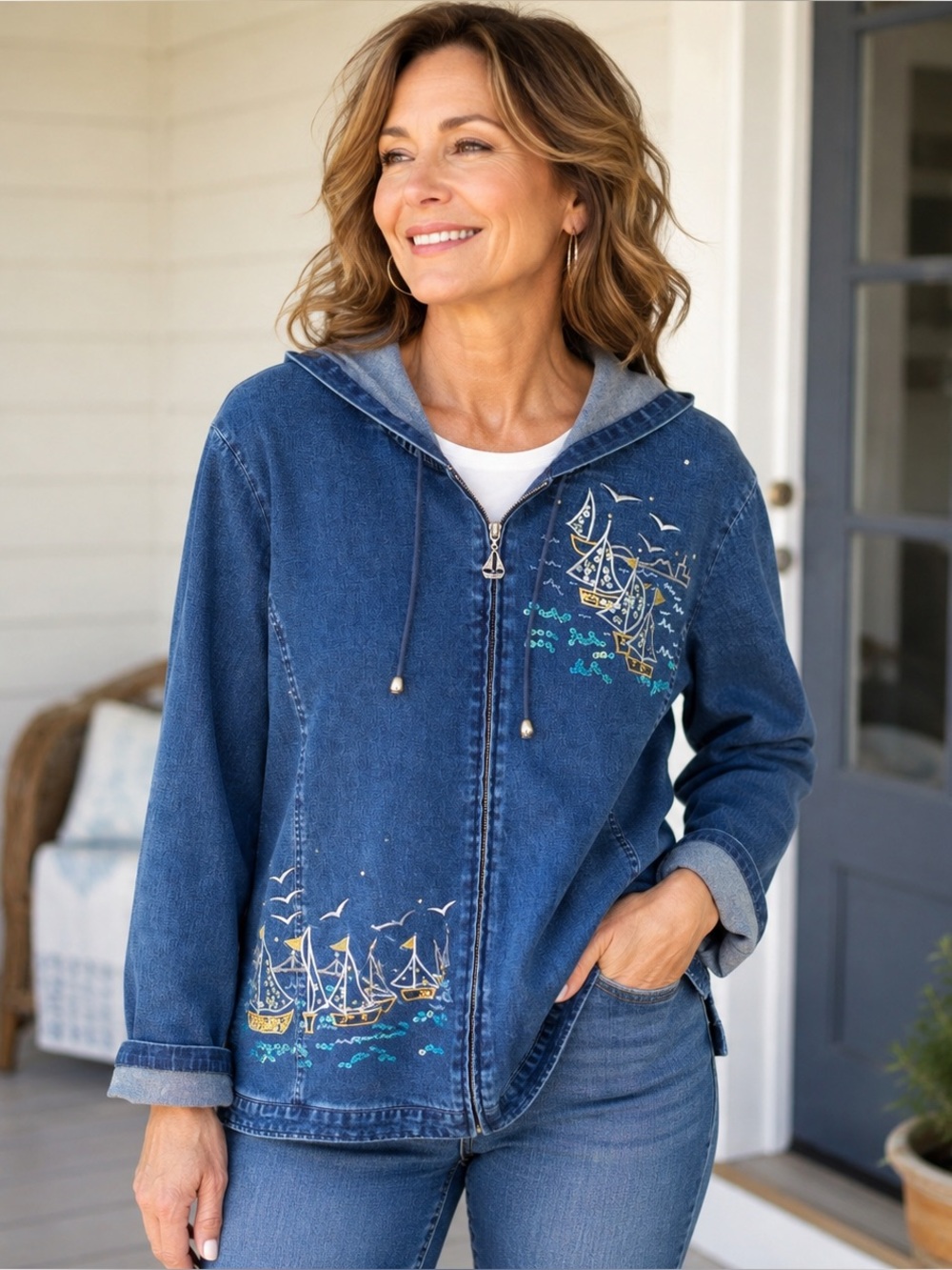 Quaker Factory Nautical Ocean/Seascape Denim Jacket New With Tags